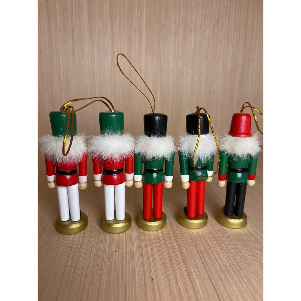 Vintage Wooden Nutcracker Soldier Christmas Ornament Set Red Green 5pc